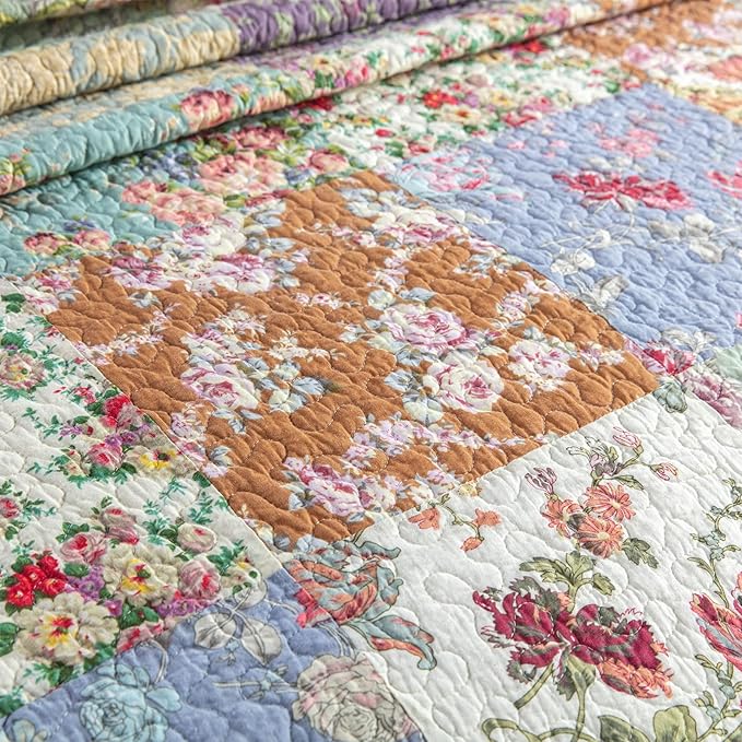 YAYIDAY Quilts Queen Size Patchwork Bedspread Set - 100% Cotton Reversible Breathable Floral Quilted Quilt with Pillow Shams Fit All Season