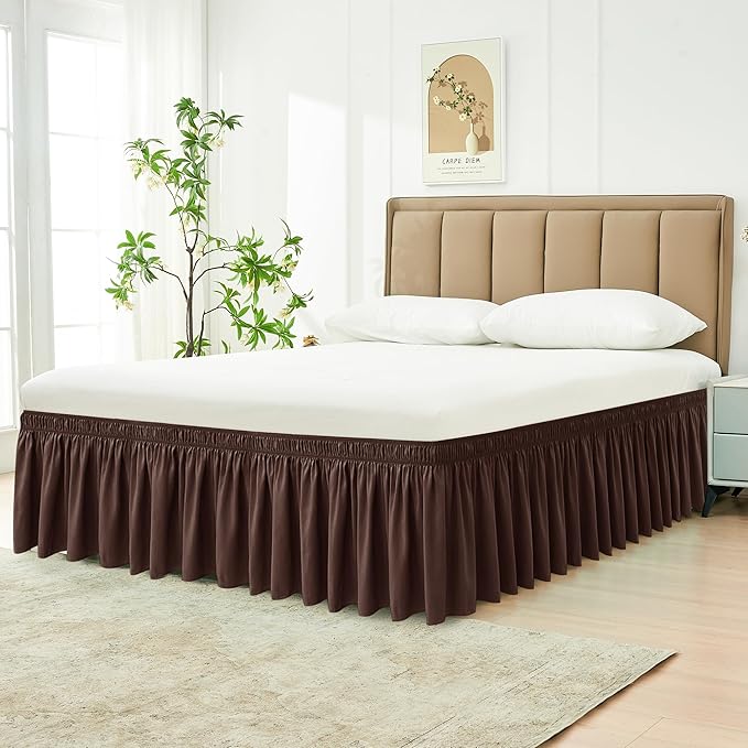 Biscaynebay Wrap Around Bed Skirts for King & Cal King Beds 16" Drop, Brown Adjustable Elastic Dust Ruffles Easy Fit Wrinkle & Fade Resistant Silky Luxurious Fabric Solid Machine Washable