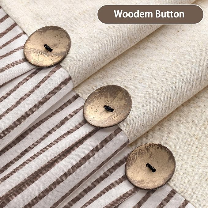 Farmhouse Shower Curtain Linen Beige Button Woven Fabric Country Rustic Western, Pleated Brown Stripe 72" W x 84" L