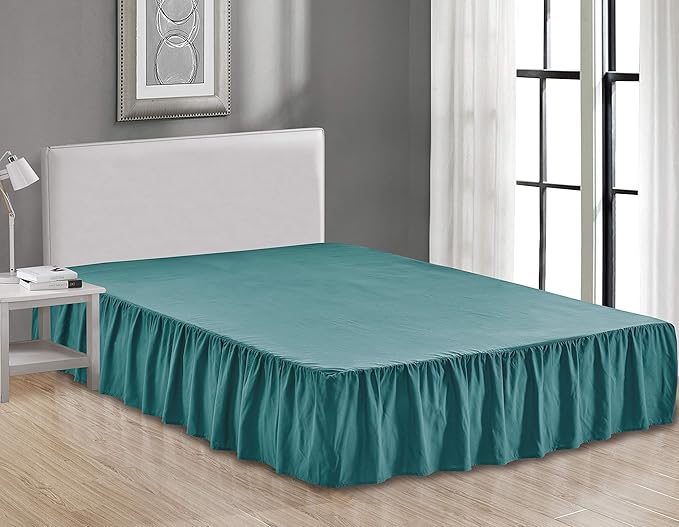 Sheets & Beyond Wrap Around Solid Microfiber Luxury Hotel Quality Fabric Bedroom Gathered Ruffled Bedding Bed Skirt 14 Inch Drop (Full, Teal)