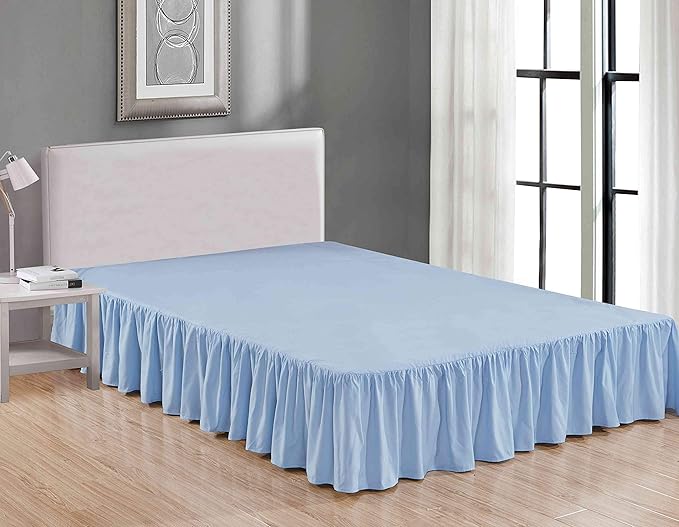 Sheets & Beyond Wrap Around Solid Microfiber Luxury Hotel Quality Fabric Bedroom Gathered Ruffled Bedding Bed Skirt 14 Inch Drop (Queen, Light Blue)