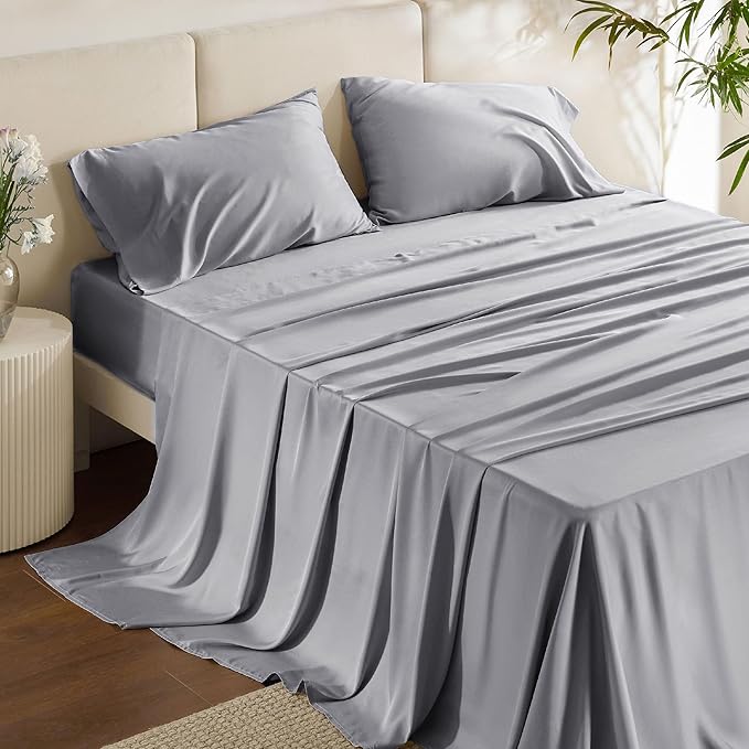 Bedsure California King Sheet Sets, Cooling Sheets, Rayon Derived from Bamboo, Breathable & Soft, Deep Pocket Up to 16 Inches, Hotel Luxury Silky Bedding for Hot Sleepers, Silver Grey