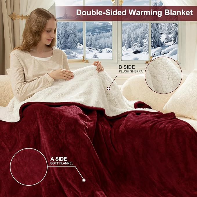 Queen Size Electric Blanket for Bed - 84" x 90" Dual Control Heated Blanket with 10 Hrs Auto Off, 5 Heating Levels, Over-Heat Protection, Washable Flannel Sherpa Heating Blankets, Red