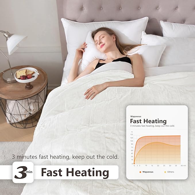Wapaneus Heated Blanket Electric Queen Size 84"x90"-Dual Control with 10 Heat Levels 12 Timer Settings and 8 Hours Auto-Shut Off,Fast-Heating Electric Blanket,ETL Listed Machine Washable,Ivory