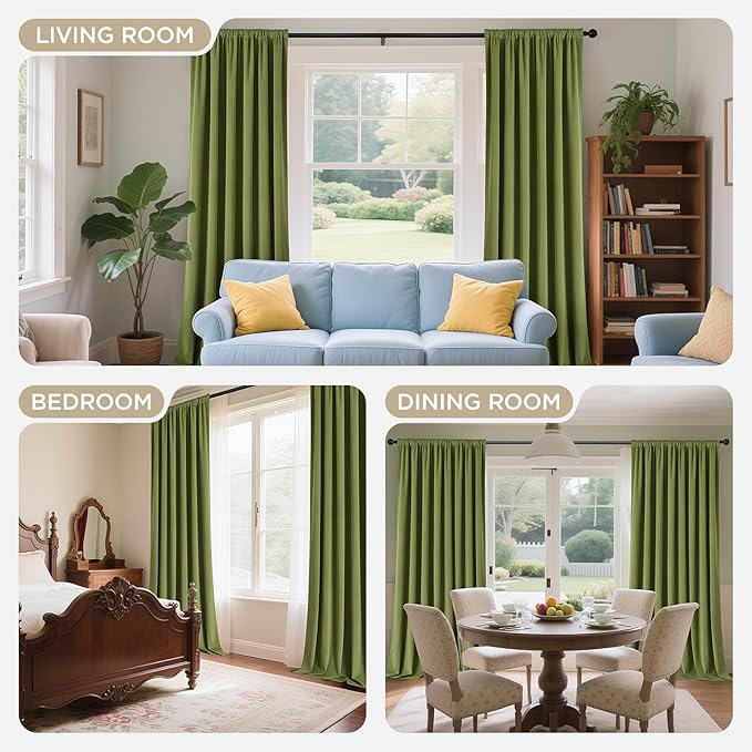 Joydeco Moss Green 100% Blackout Curtains 108 Inch 2 Panels, Luxury Thermal Green Velvet Curtains for Bedroom Living Room, Soundproof Blackout Window Drapes, Rod Pocket & Back Tab (52W x 108L)