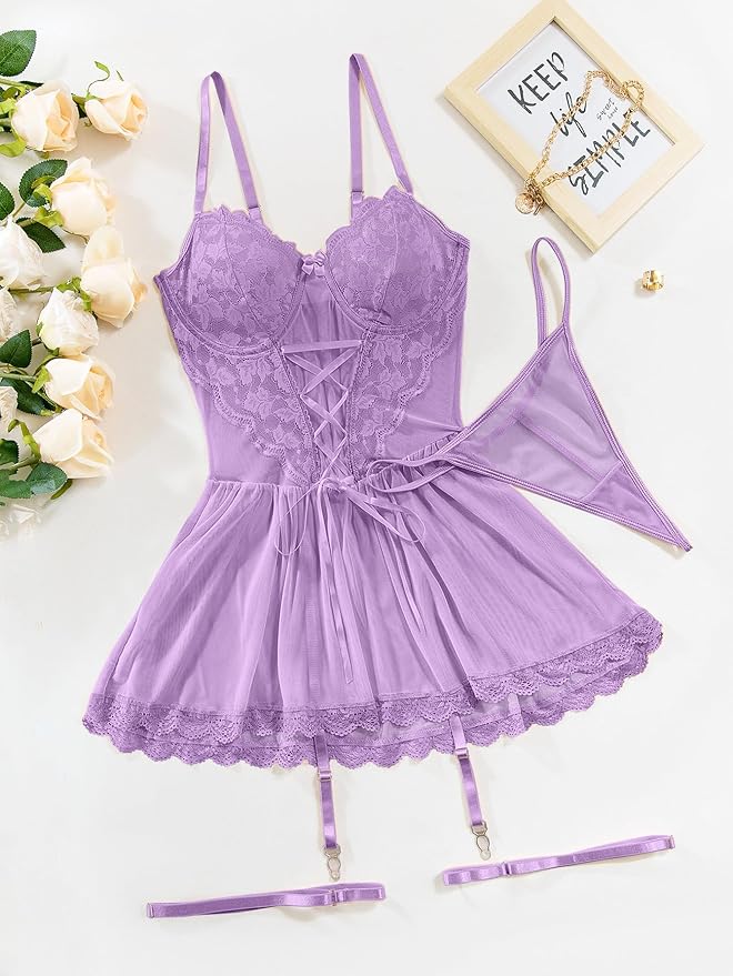 Lilosy Sexy Garter Belt Mesh Lace Babydoll Lingerie Dress Set with Thong