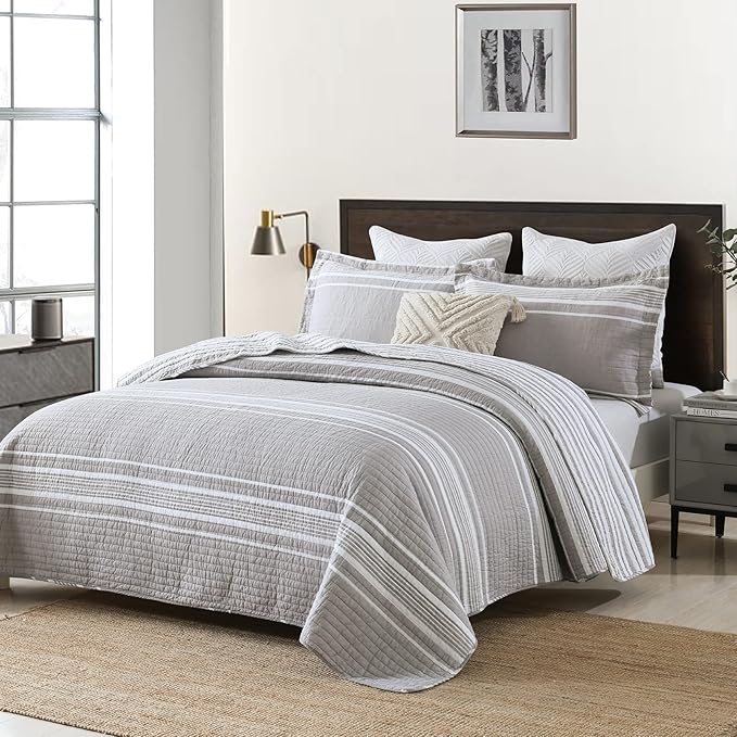 Y-PLWOMEN Quilt Queen Size - 100% Cotton Queen Bed Quilt, Grey Striped Reversible Bedspread for All Season, 3-Piece