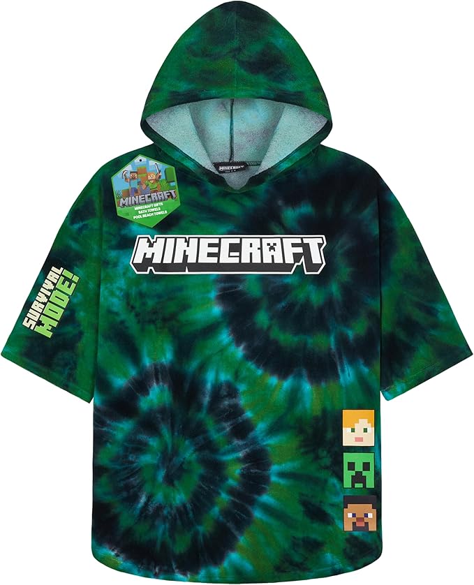 Minecraft Towelling Poncho Kids Teens Hooded Bath Towels Absorbent Beach Towel (Multi Tie Dye, 10-13 Years)