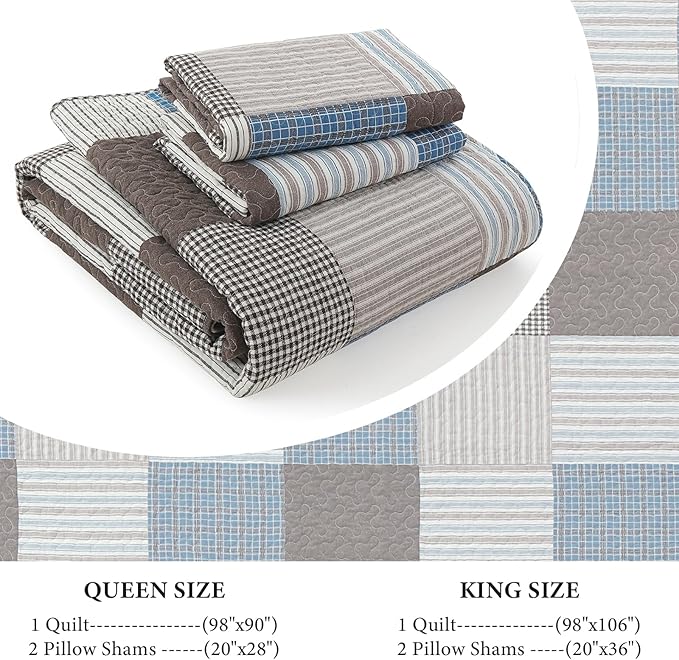 Uniclinens Plaid Quilt Set Queen Size, 100% Cotton Patchwork Quilt Bedding Set Bedspreads, Farmhouse Lightweight Comforter Quilted Quilt, 3 Pieces Set with 2 Pillowshams, Blue/Brown/White