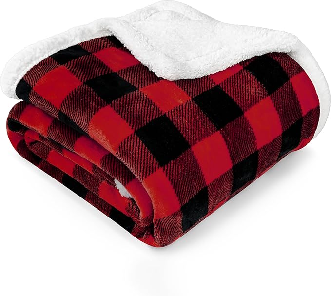 PAVILIA Black and Red Buffalo Plaid Sherpa Throw Blanket for Couch, Plush Red Black Checkered Fleece Blanket and Throws, Soft Fuzzy Flannel Blanket for Sofa Bed, Warm Cozy Winter Blanket Gift, 50x60