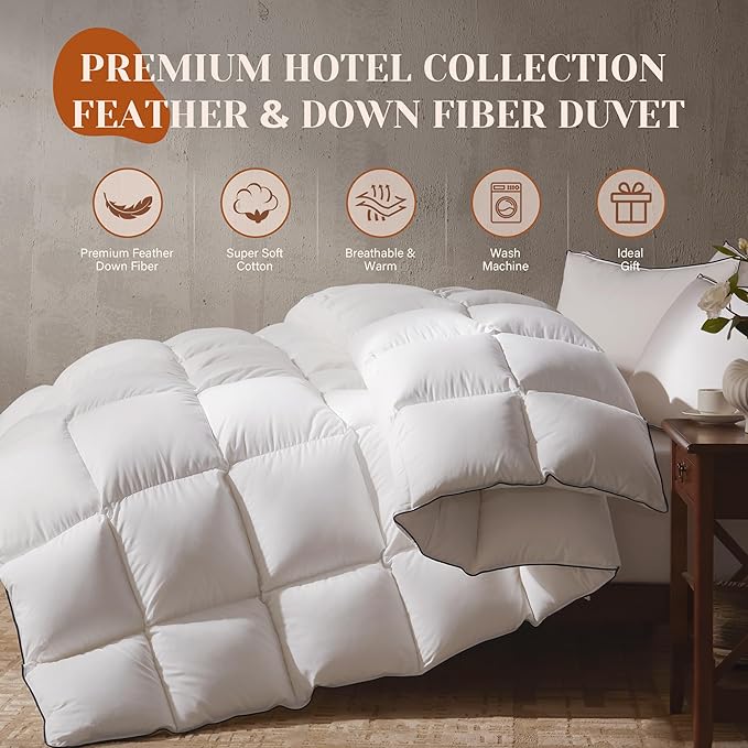 Goose Feather Down Fiber Cotton Comforter Oversize Queen Size, Ultra-Soft Duvet Insert, Hotel Collection White Quilted Comforter, All Season Bedding Comforter with 8 Corner Loops, 98x96 Inch
