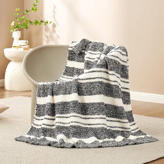 Snuggle Sac Black White Stripe Twin Size Reversible Super Soft Bedding Blanket, 60x80 inches