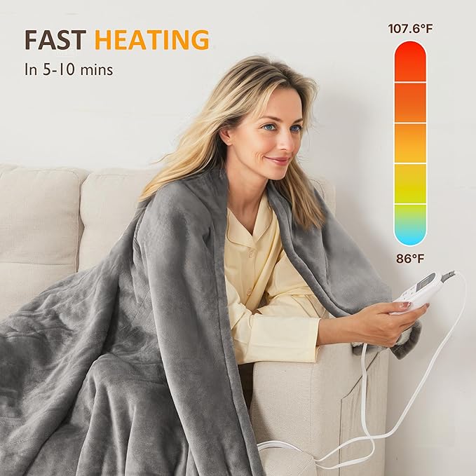 SUNVIVI Heated Blanket Queen Size, Electric Throw Dual Control, 5 Years Warranty, 10 Heat Settings, 12 Hours Auto Off, Soft Flannel and Sherpa, Machine Washable, ETL Certified, Grey, 84x90 Inch
