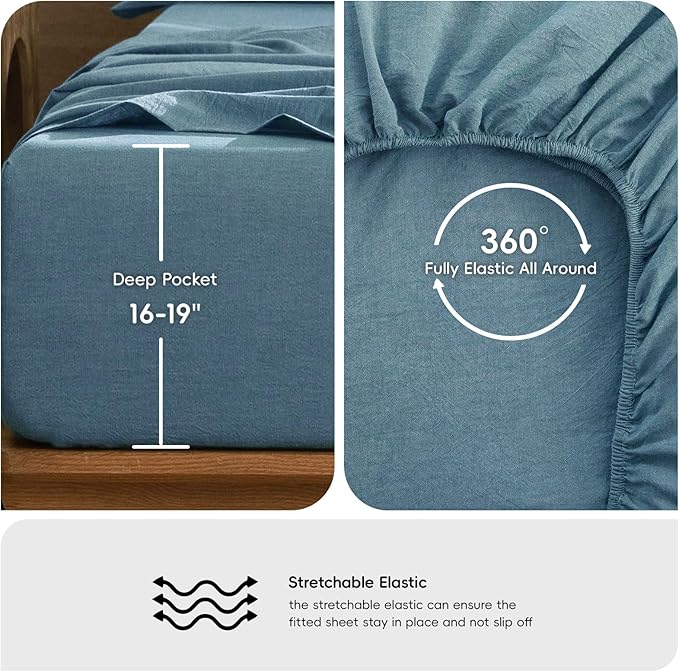 MooMee Bedding Sheet Set 100% Washed Cotton Linen Like Textured Breathable Durable Soft Comfy (Heathered Peacock Blue, King)