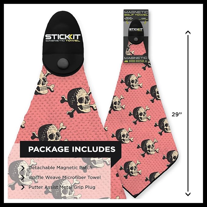 STICKIT Magnetic Golf Towel with Pink Skulls | Top-Tier Microfiber Golf Towel with Deep Waffle Pockets | Industrial Strength Magnet for Strong Hold to Golf Carts or Clubs