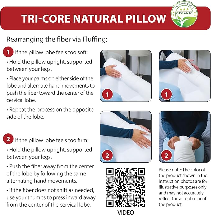 Core Products Tri-Core Natural Cervical Support Pillow for Neck Pain Organic Cotton Shell, Great Gift for Back and Side Sleepers, Full Size, Gentle/Medium Firmness