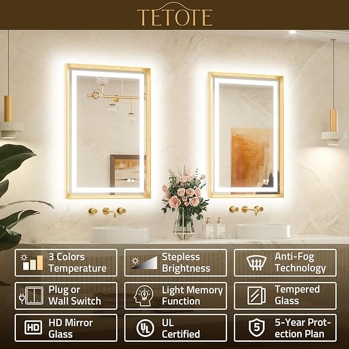 TETOTE 40 x 32 Led Mirror Brushed Gold Metal Frame Frontlit & Backlit Vanity Mirror Anti-Fog Stepless Dimmable 3 Colors White/Warm/Natural Wall Mirror with Lights Wall-Mounted
