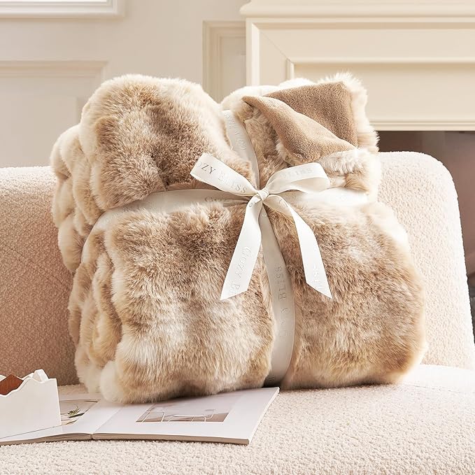 Cozy Bliss Faux Fur Throw Blanket Queen Size, Fuzzy Soft Plush Thick Bubble Blanket for Bed Couch Bedroom Living Room, 90x90 Inches Tie-dye Beige