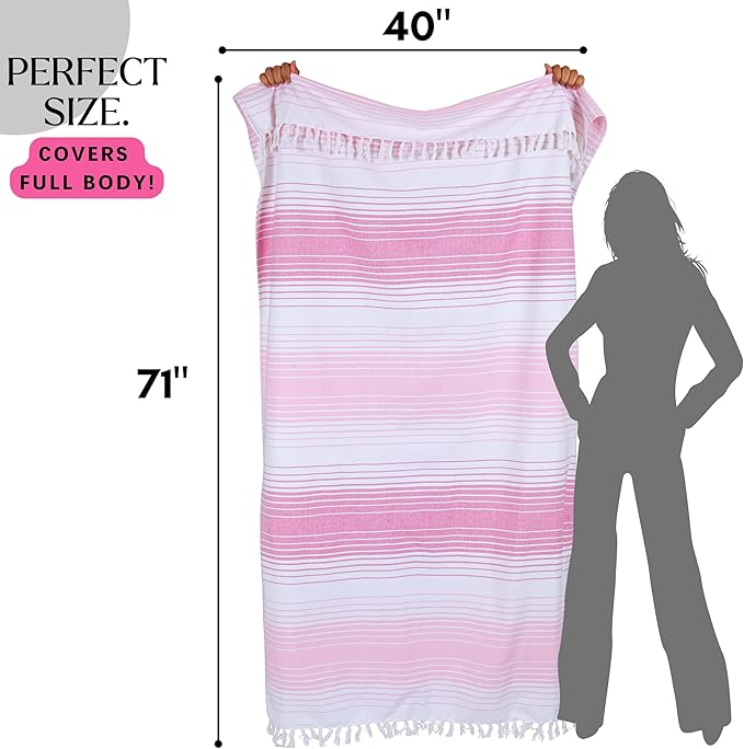 Native Fab Pink Stripe Beach Towels 6 Pack - 100% Cotton Turkish Towel - Oversize 40x71 Inches - Quick Dry, Soft, Sand Resistant Hammam Towels for Adults, Swim, Bath, Pool - Pink and White
