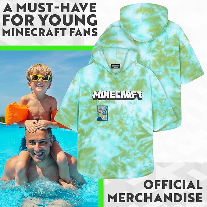 Minecraft Towelling Poncho Kids Teens Hooded Bath Towels Absorbent Beach Towel (Green Tie Dye, 6-9 Years)