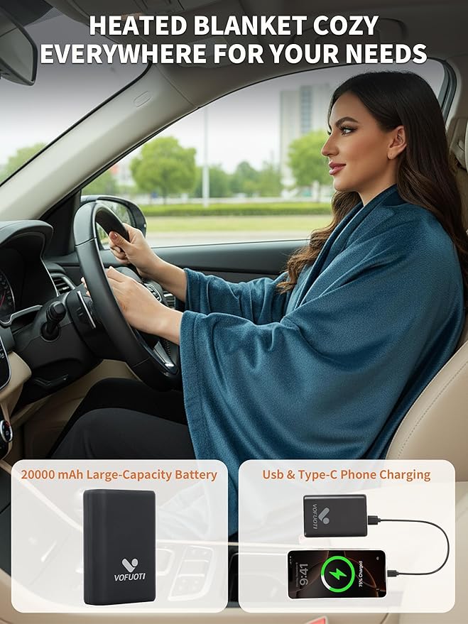 Electric Heated Blanket Battery Operated, Portable Heated Shawl for Neck and Shoulders and Back, Heating Blanket with Zipper and Pockets, 20000mAh, 3 Heating Levels, up to 8 Hours