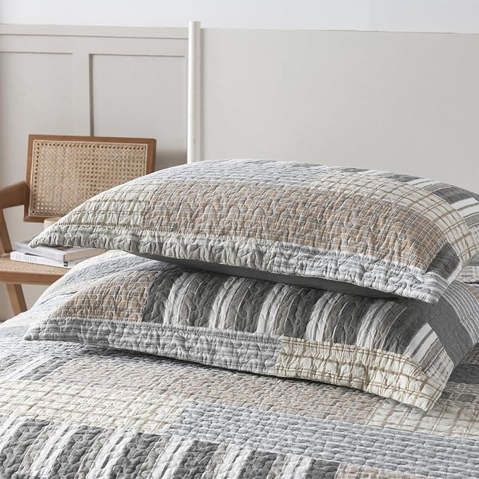 Uniclinens Quilt Set King Size, 100% Cotton Quilted Quilts Bedding Set Bedspreads, Farmhouse Patchwork Plaid Quilted Comforter Set, 3 Pieces Set with 2 Pillowshams, Cream/Grey/Brown
