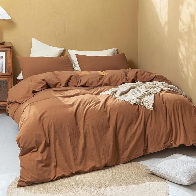 FOSSA Linen Duvet Cover Set 100% Washed Cotton Linen Feel Super Soft Breathable Cozy Simple Style 3 Pieces Bedding Sets Solid Dark Orange Queen