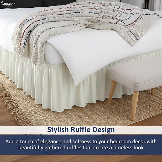 KRISHNA Ruffled Bed Skirt with Split Corners Queen, 100% Microfiber Hotel Quality, 12 Inch Drop Dust Ruffle Gathered Bedskirt with Platform, 60" x 80", Ivory