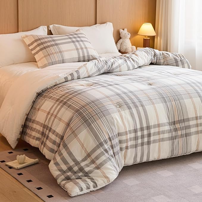 100% Cotton Comforter Set Twin Size – Reversible Yarn-Dyed Checkered Design, Soft Washed Cotton on Both Sides, Lightweight All-Season Bedding, Machine Washable(Grey White Plaid, 68”x90”)