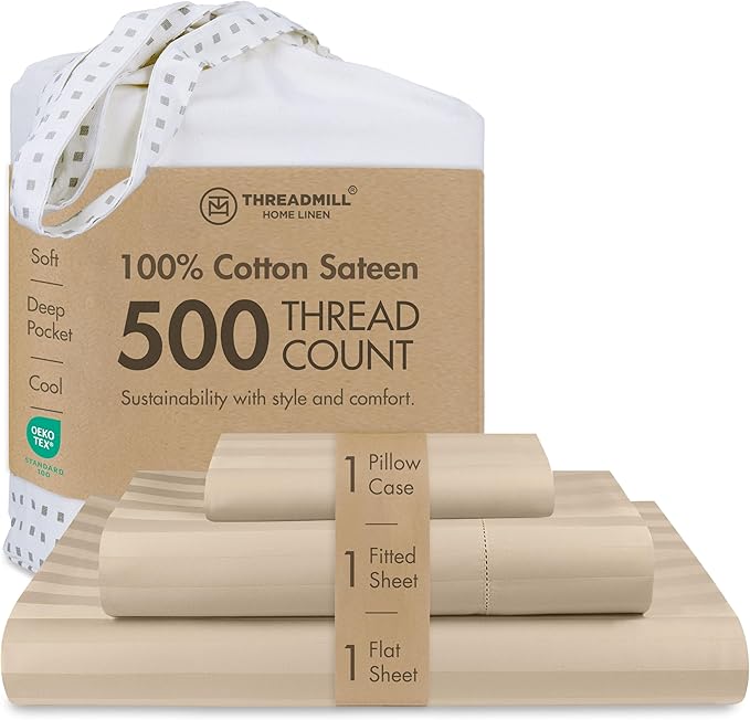 Threadmill 500 Thread Count Twin Size Damask Stripe, 3 Pc Luxury Cotton Bedding Set, Breathable Light Beige Sheets with 15" Elasticized Deep Pocket, 1 Pillowcase & Free Tote Bag