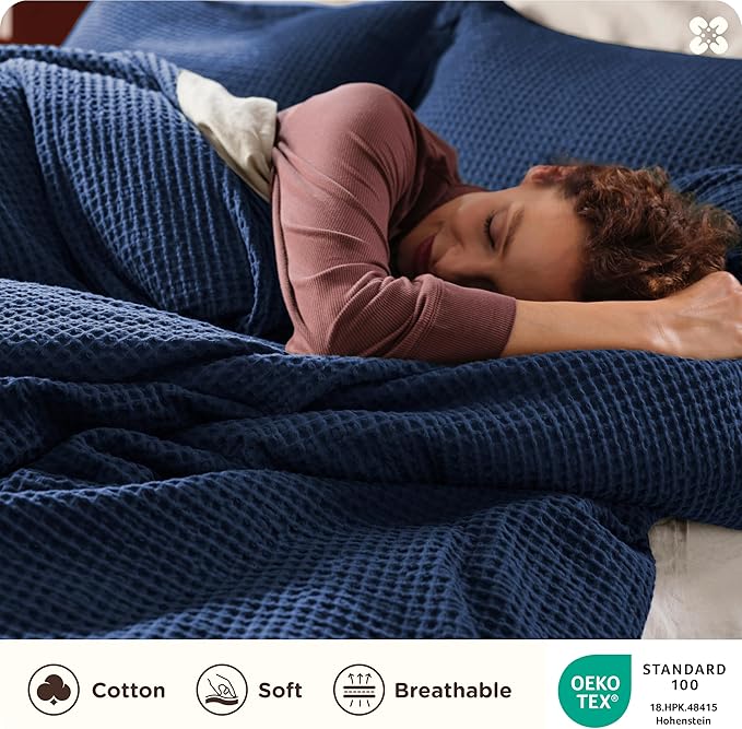 Bedsure Cotton Duvet Cover Queen - 100% Cotton Waffle Weave Navy Blue Duvet Cover Queen Size, GentleSoft™ and Breathable Bedding Set for All Season, 3 Pieces, 90"x90"