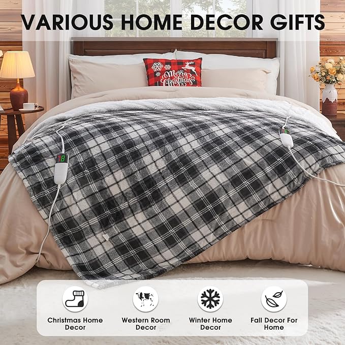 OCTROT Black Electric Heated Blanket King Size, 90X100 Black Blanket with Dual Control&10 Heats Levels&Timer for Bed,Large Plaid Sherpa Heating Blankets Warmer Gifts for Grandma Women Adults,Washable