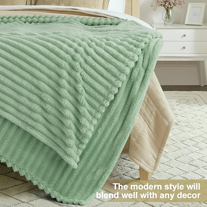 decorUhome Christmas Soft Fleece Sage Green Blanket Queen Size for Bed, Cozy Fluffy Plush Flannel Large Striped Throws for Couch Sofa, Lightweight Decorative Fuzzy Blanket for Woman, 90x90 Inches