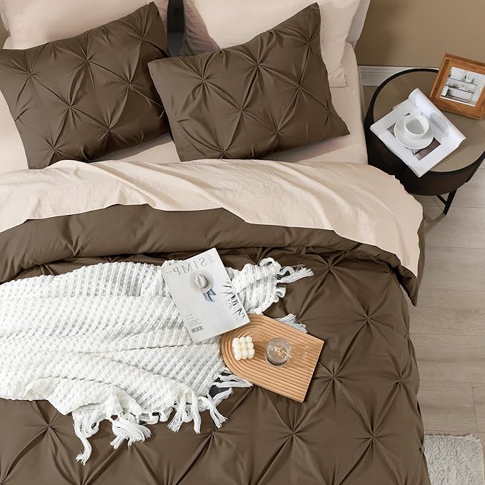 Litanika Brown King Pinch Pleat Duvet Cover, 3 Pieces Pintuck Cover Soft Microfiber Bedding Set with Zipper Closure & Corner Ties(104x90Inch-1 Duvet Cover, 2 Pillowcases)