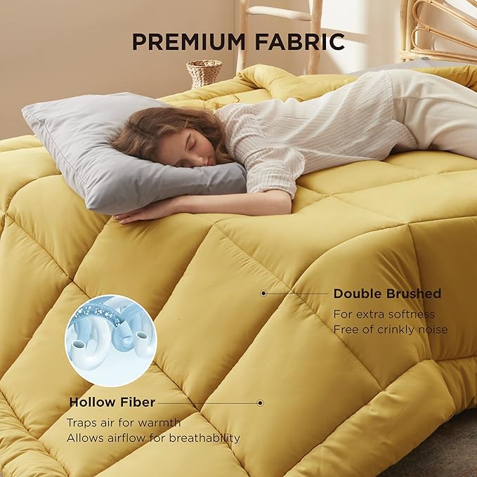 Bedsure Comforter Duvet Insert - Quilted Comforters Cal King Size, All Season Duvet, GentleSoft Down Alternative Bedding, with 8 Tabs, Gifts for Women/Men, Mustard Yellow, Cal King 96 X 102 Inches