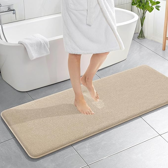 OLANLY Thick Memory Foam Bath Mat Rug 59x20, Extra Soft Absorbent Bathroom Rug, Quick Dry Bath Mats, Non-Slip, Machine Washable Carpet for Bathroom, Tub and Shower, Home Decor Accessories, Beige