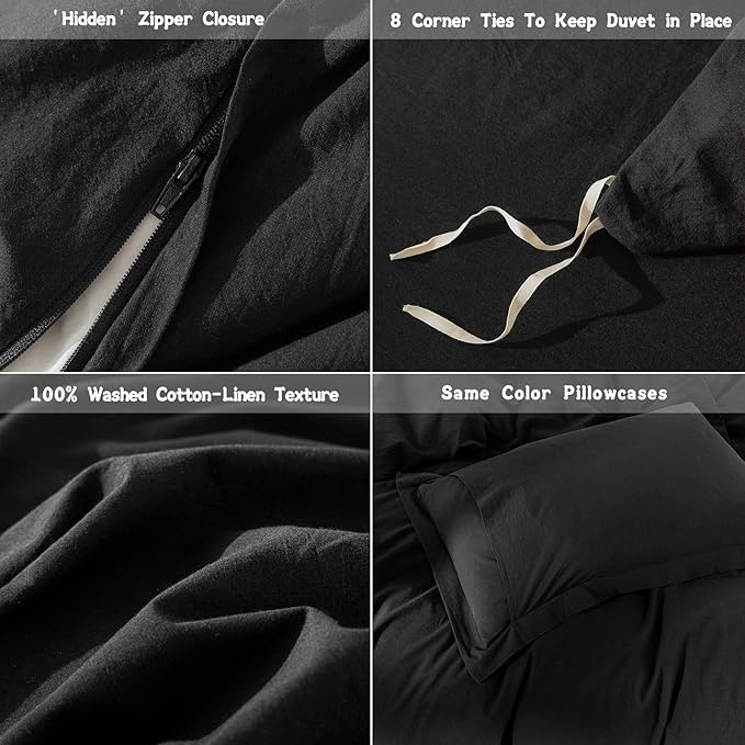 Black Duvet Cover California King Size 100% Washed Cotton Bedding Set Cover 1 Duvet Cover with Zipper Closure and 2 Pillowcases, 104inch x 98inch