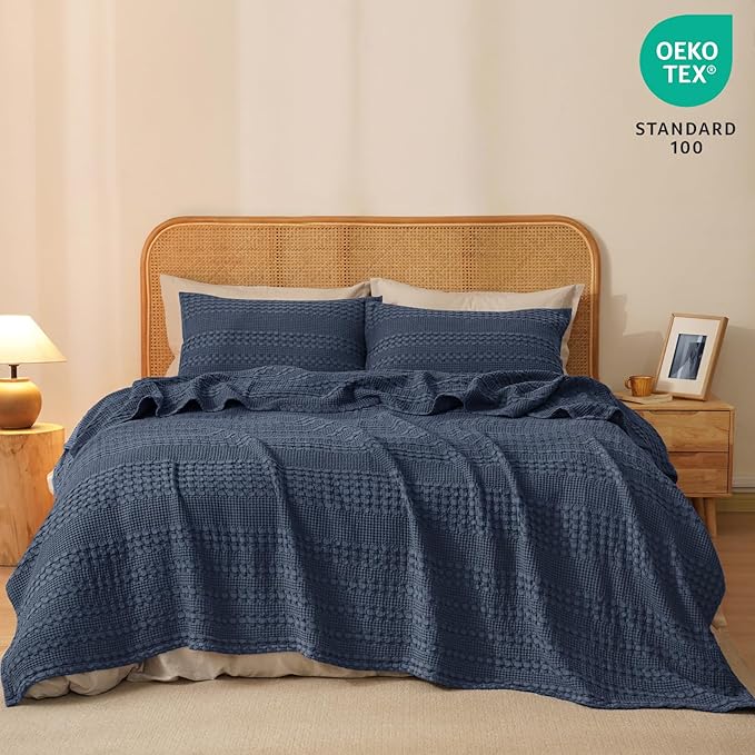 PHF 100% Cotton Waffle Weave Blanket King Size for Bed, Soft Lightweight & Breathable, All-Season Comfort, Luxury Aesthetic Woven Bedding for Home Decor, 108"x90", Indigo