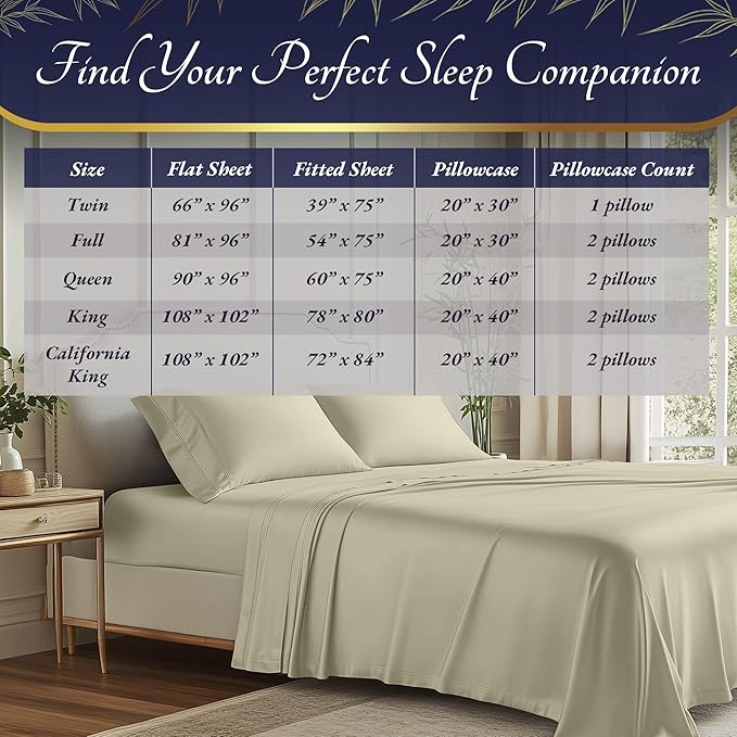 DECOLURE 100% Viscose Derived from Bamboo Sheets Cal King Size 4pcs - Ultra Soft & Luxuriously Cooling, 17" Deep Pocket, Double Stitching, Perfect for Hot Sleepers - King Bed Sheets (Creme)