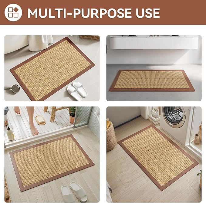 Non Slip Bath Mat Bathroom Rugs, Soft Jute-Like Ultra Thin Bath Mats, Rubber Backing Super Absorbent Quick Dry Bath Rug Shower Mat Fit Under Door Bathroom Floor, Machine Washable, Brown 16"x24"