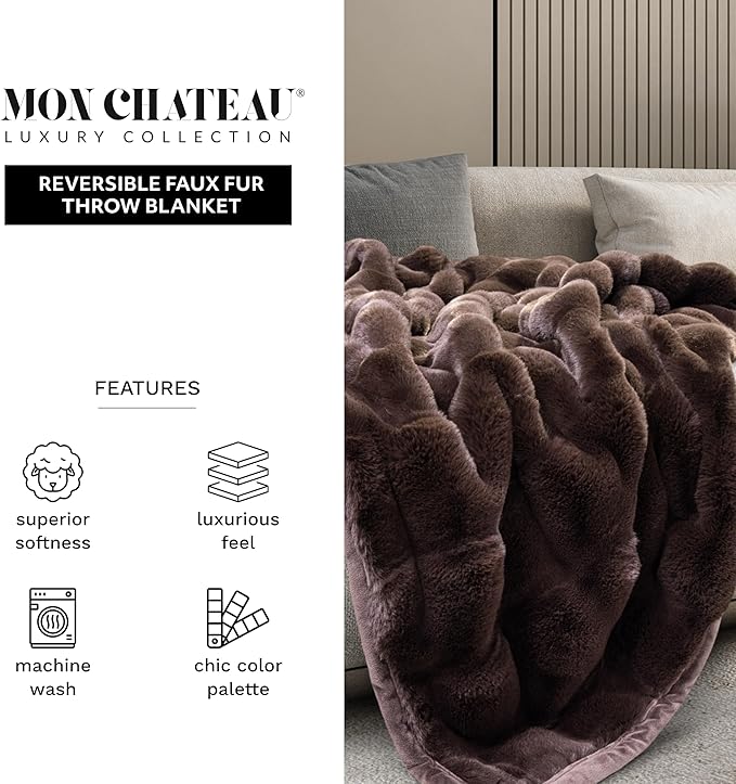 Mon Chateau 60" x 70" Hearthside Faux Fur Throw Blanket, Reversible Soft Blanket for Queen-Size Bed, Couch, or Sofa, Cozy Home Decor and Stylish Living Room Comfort, Chestnut