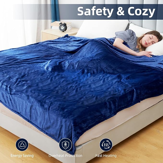 Electric Heated Blanket Twin Size 62”x84”,Cozy Soft Warmth with 6 Heating Settings 1-10 Hours Auto-Off, Energy-Saving, for Bed, Fast Heating Machine Washable, Navy Blue