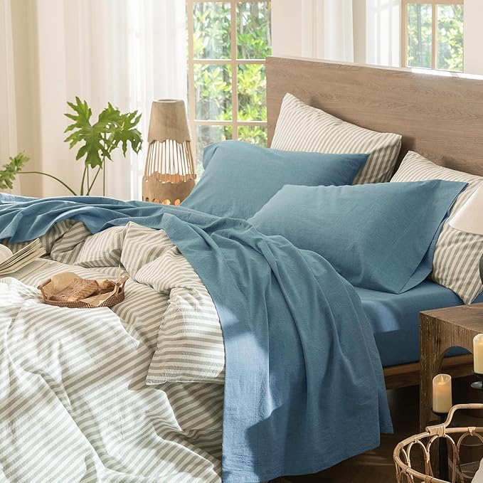 MooMee Bedding Sheet Set 100% Washed Cotton Linen Like Textured Breathable Durable Soft Comfy (Heathered Peacock Blue, King)