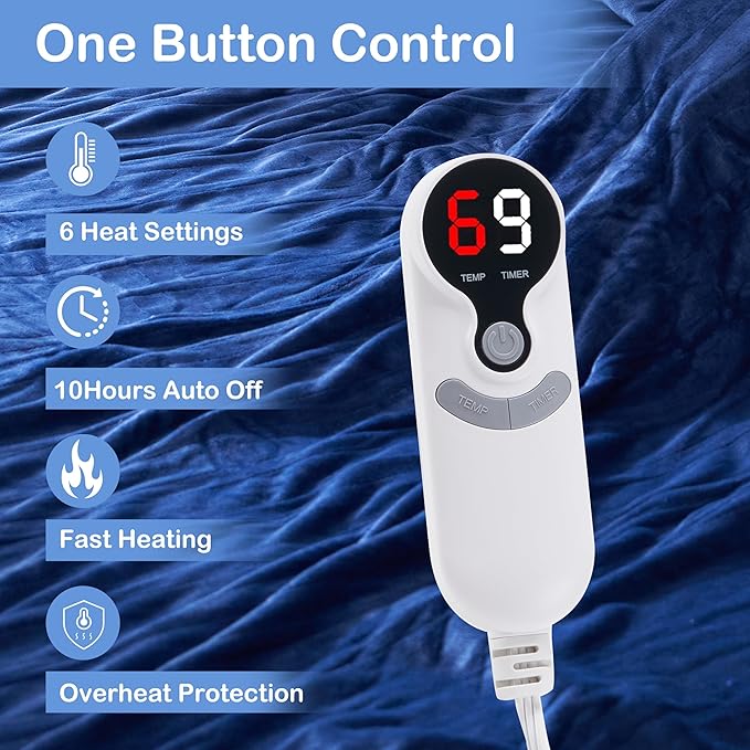 Electric Heated Blanket Full Size 72”x84”,Cozy Soft Warmth with 6 Heating Settings 1-10 Hours Auto-Off, Long Cord Energy-Saving, for Bed, Fast Heating Machine Washable, Navy Blue