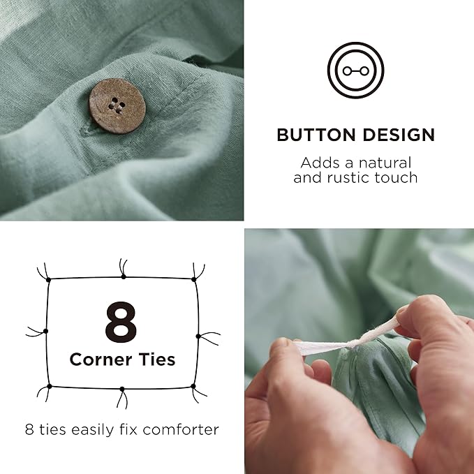 Bedsure Linen Duvet Cover King Size - Linen Cotton Blend Bedding Set, Soft & Cozy, 3 Pieces, 1 Duvet Cover 104x90 and 2 Pillowcases, Sage Green Color Cooling Bedding, Comforter Sold Separately