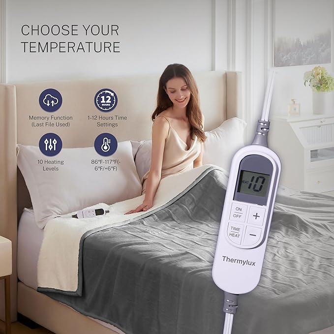 Electric Blanket Throw 50"x60" Heated Electric Blankets 10 Heating Levels 12 Time Settings 3 Hours Auto Off Fast Heating and Overheat Protection ETL Certified Machine Washable,Light Grey