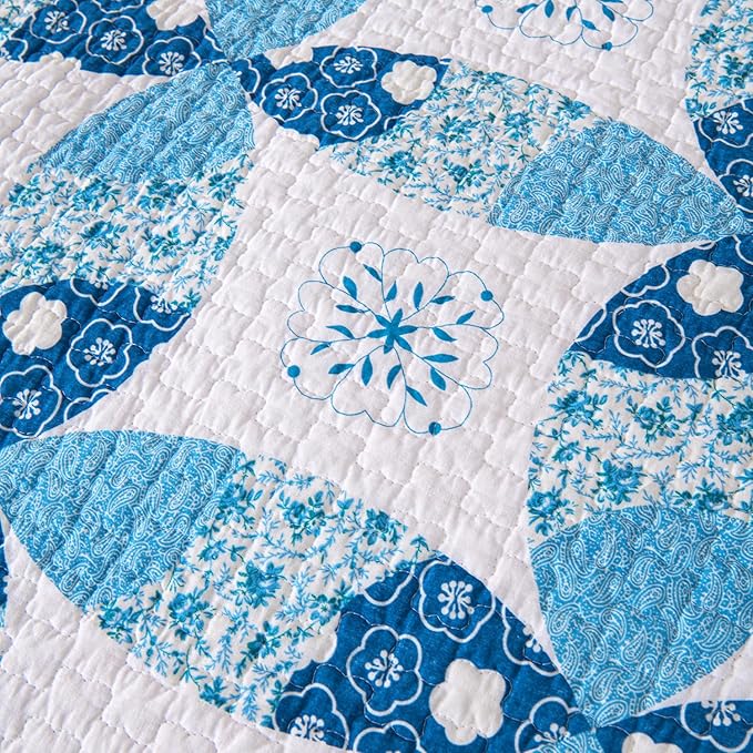 Cmfshape Blue Quilt Sets Bedspread Set 100% Cotton Patchwork Coin Pattern Bedding Set,All Season Use Lightweight Reversible Coverlet Quilts with 2 Pillow Shams(King 106"x96")