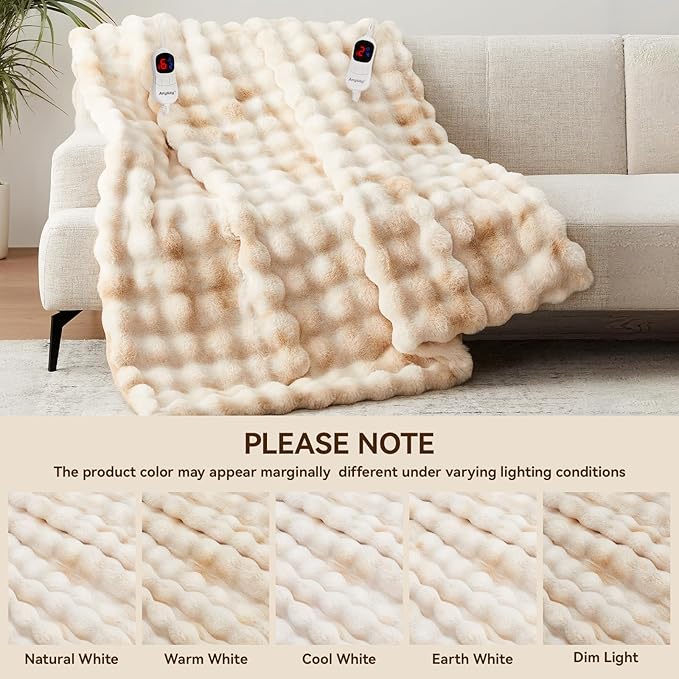 Heated Blanket King Size with 1/2/4/6/8 Hours Auto-Off 10 Heat Level, 90'' * 100'' Cozy Faux Rabbit Fur Bubble Electric Blanket with Overheat Protection(Tie-Dye Beige)