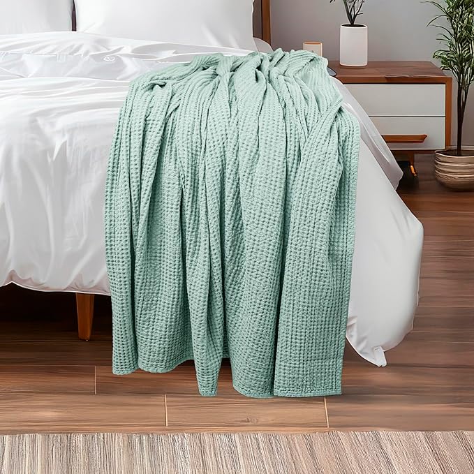 HILLFAIR 100% Combed Cotton Blanket– King Size Bed Blankets– Warm Soft All Season Breathable Lightweight Summer Waffle Weave Home Decor Bed Blanket- Sage King Bed Cotton Blankets/Bedcovers