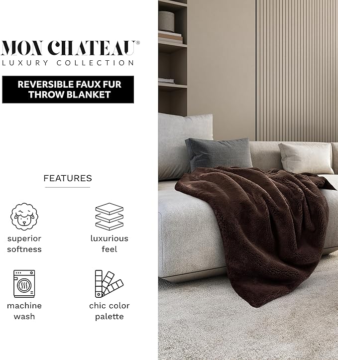 Mon Chateau 60" x 70" Embrace Foldover Faux Fur Throw, Plush Throw with 6cm Foldover for Couch, Sofa, or Bed, Ultra Soft Blanket for Sleeping or Home Decor, Chestnut